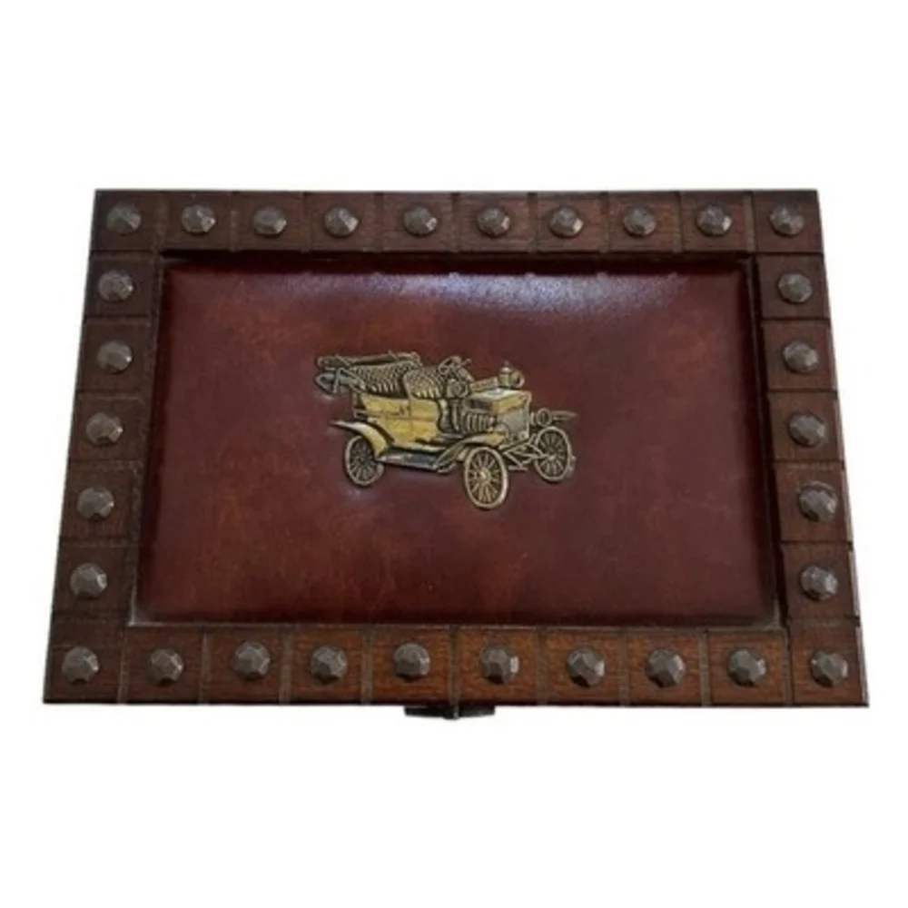 Vintage Wood Brass Leather Jewelry Box 10” Mini Chest Storage Case Velvet Lined